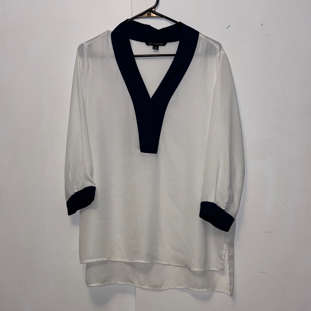 Zac & Rachel Sheer White Blouse with Navy Blue Trim